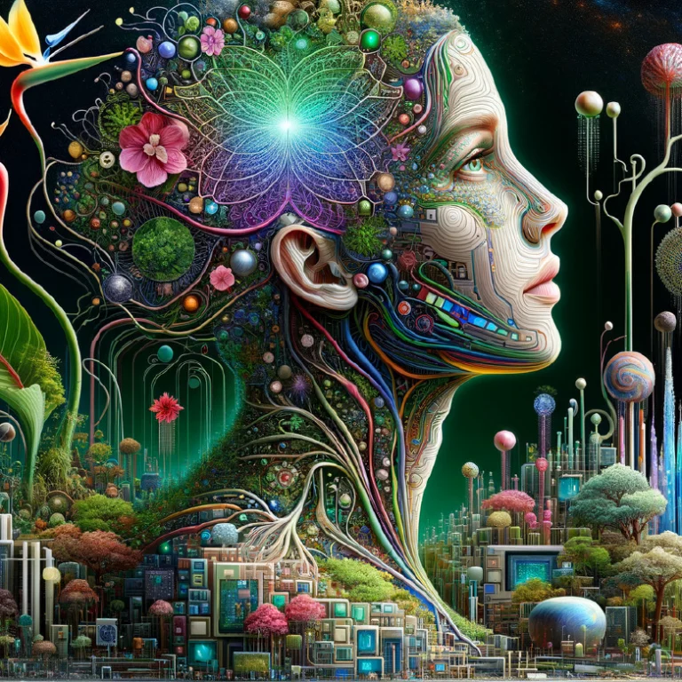 Futuristic surreal image of a woman's profile with glowing neural patterns and botanical elements, symbolizing Gate 11 – The Gate of Ideas and mental peace through inspired vision