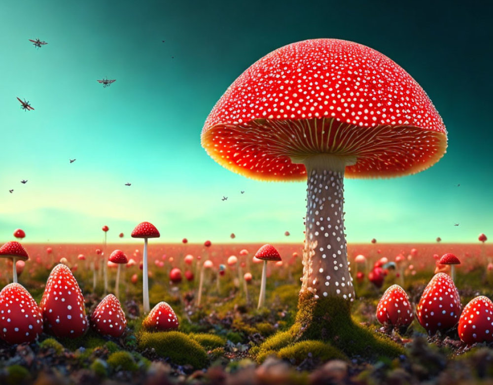 A surreal field of red-and-white mushrooms under a turquoise sky, symbolizing Gate 15 – The Gate of Extremes and the harmonizing power of rhythm and diversity in Human Design