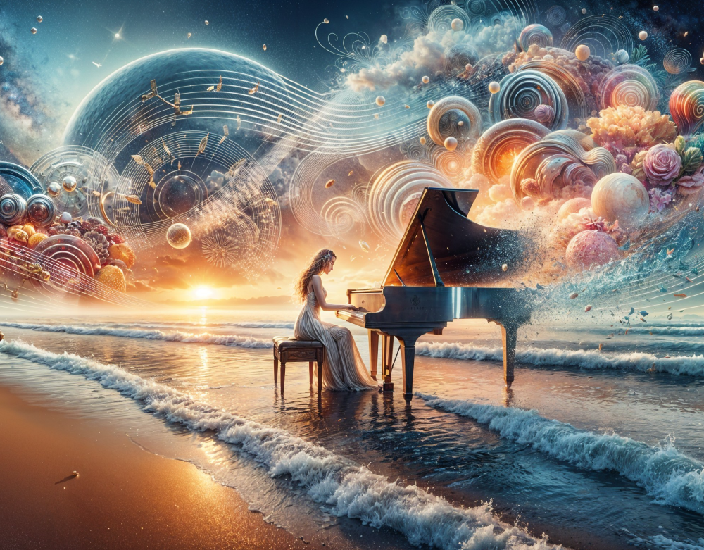 Woman plays grand piano at the ocean’s edge, surrounded by cosmic musical energy, symbolizing Gate 16 – The Gate of Skills in Human Design