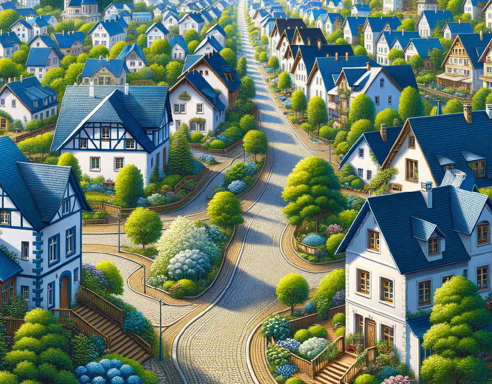 Charming village of blue-roofed houses with winding roads and lush greenery, symbolizing Gate 17 – The Gate of Opinion in Human Design