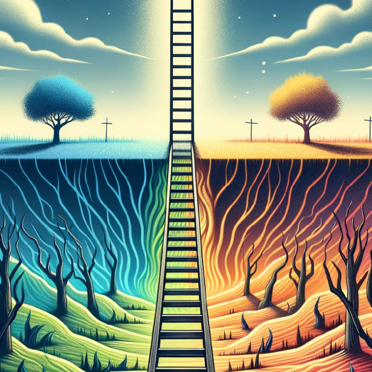 Symbolic image of a ladder between two contrasting worlds—blue and orange landscapes with trees and roots—representing Gate 18, the Gate of Correction in Human Design