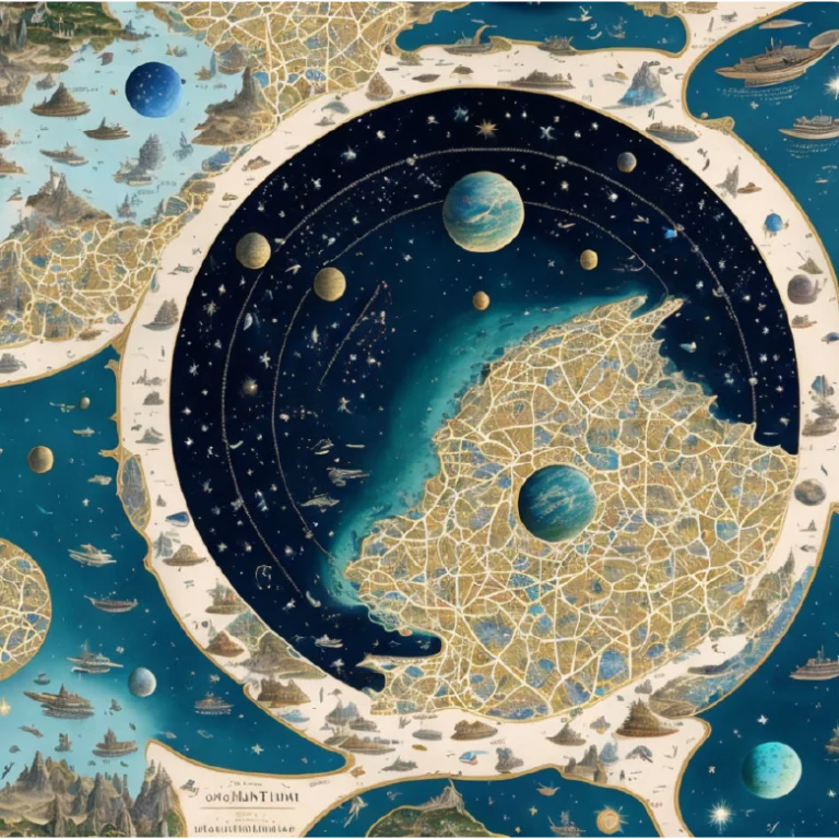 Fantasy map of interconnected worlds with star systems, planets, and sea routes symbolizing Gate 19, the Gate of Wanting in Human Design