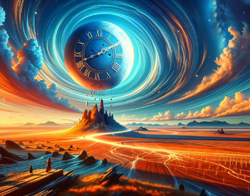 Surreal image of a massive swirling sky clock over a glowing desert landscape, symbolizing Gate 22 in Human Design