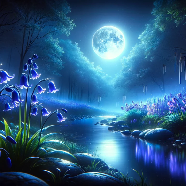 Mystical moonlit forest stream surrounded by glowing bluebells and wind chimes, symbolizing Gate 23 in Human Design