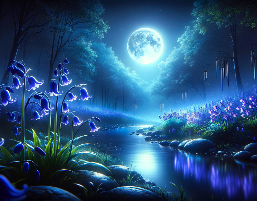 Mystical moonlit forest stream surrounded by glowing bluebells and wind chimes, symbolizing Gate 23 in Human Design