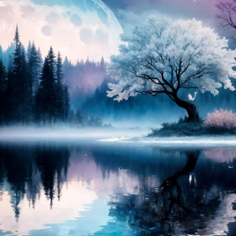 Mystical frozen tree by a moonlit lake with forest reflections, symbolizing Gate 24 in Human Design