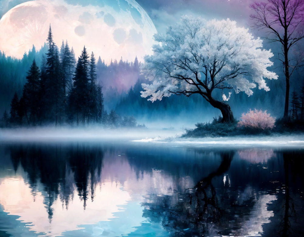 Mystical frozen tree by a moonlit lake with forest reflections, symbolizing Gate 24 in Human Design