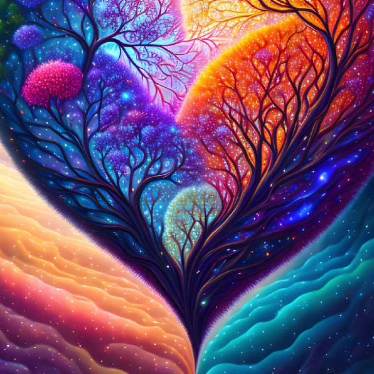 Heart-shaped cosmic tree with vibrant multicolored branches symbolizing the spirit of innocence in Human Design Gate 25