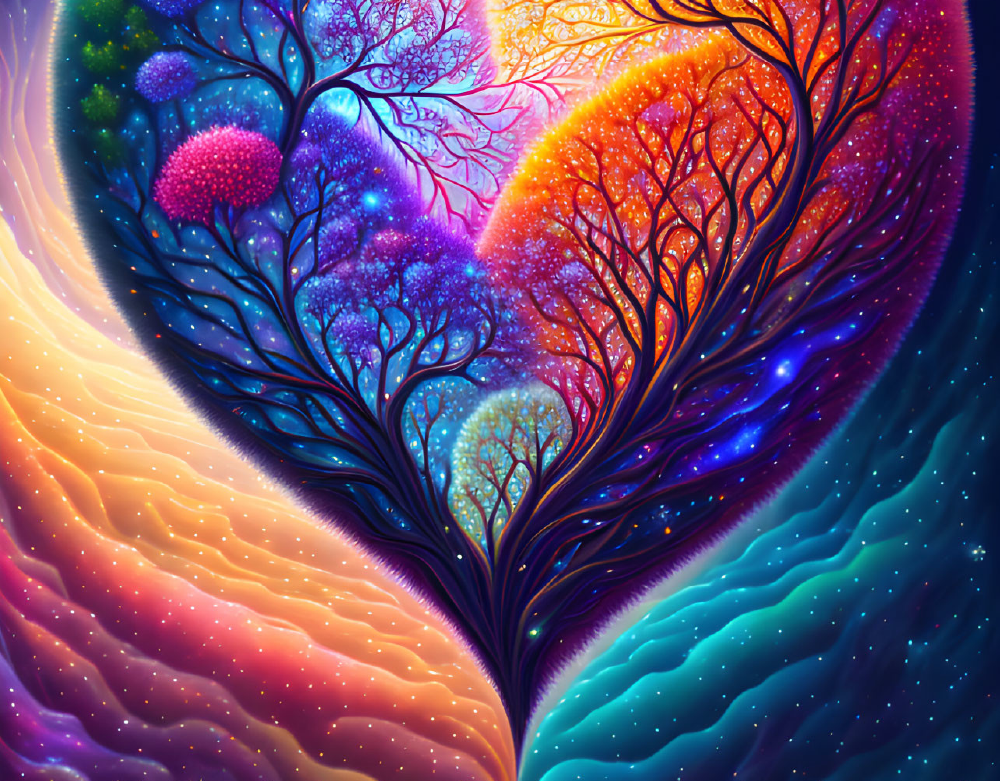 Heart-shaped cosmic tree with vibrant multicolored branches symbolizing the spirit of innocence in Human Design Gate 25