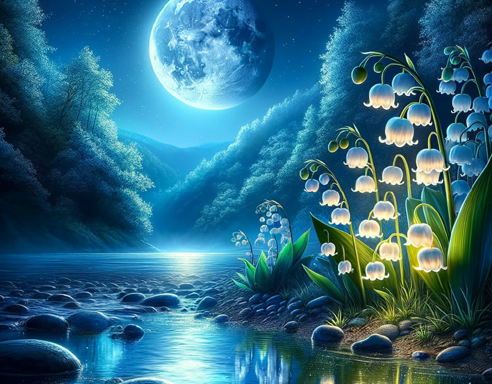 Lily of the valley flowers glowing under a luminous full moon beside a serene forest river, symbolizing Human Design Gate 27 – The Gate of Caring