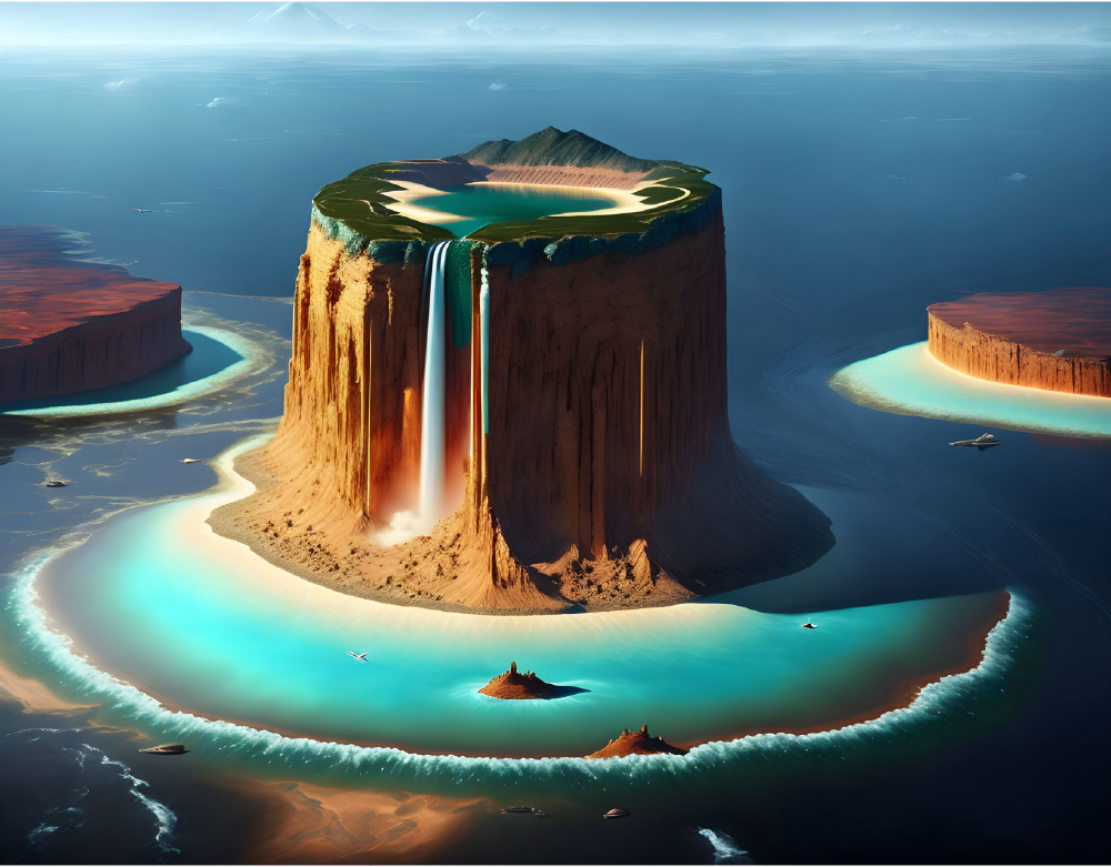 Majestic island plateau with a waterfall spilling into turquoise waters, symbolizing Human Design Gate 28 – The Gate of the Game Player