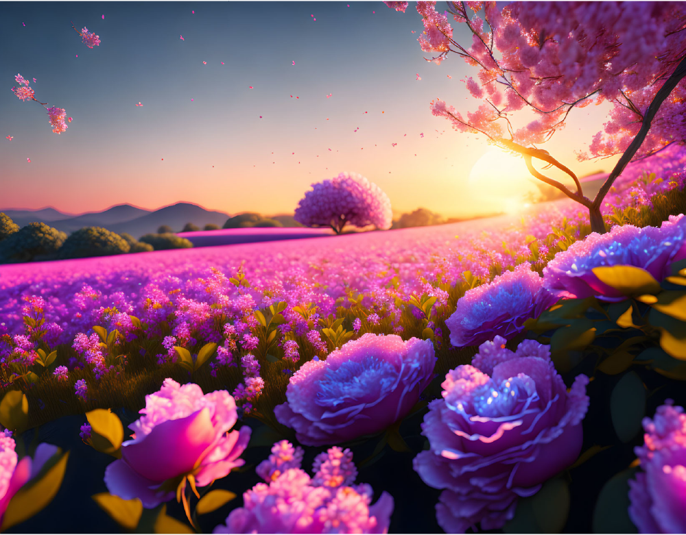 Sunset over a vibrant pink flower field symbolizing Gate 29 – The Gate of Perseverance in Human Design, with blossoms blooming in layers of commitment