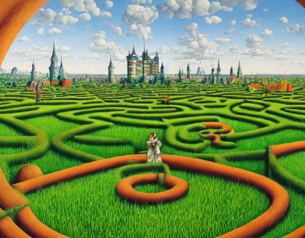 Woman in a green labyrinth symbolizing Gate 3 in Human Design – Difficulty at the Beginning, representing chaos seeking order