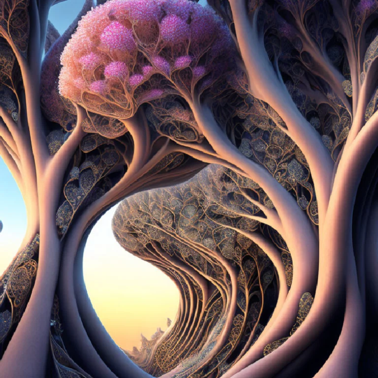 Surreal glowing forest with flame-colored canopy symbolizing Gate 30 – The Gate of Feelings in Human Design, evoking intensity and desire