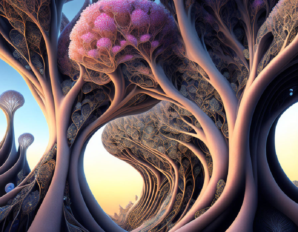 Surreal glowing forest with flame-colored canopy symbolizing Gate 30 – The Gate of Feelings in Human Design, evoking intensity and desire