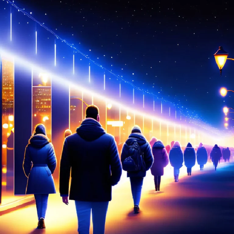 People walking under glowing city lights symbolizing Gate 31 – The Gate of Influence in Human Design, leadership through direction and voice