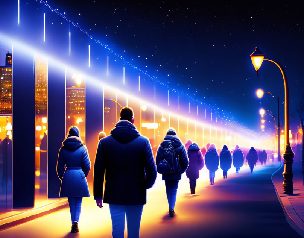 People walking under glowing city lights symbolizing Gate 31 – The Gate of Influence in Human Design, leadership through direction and voice