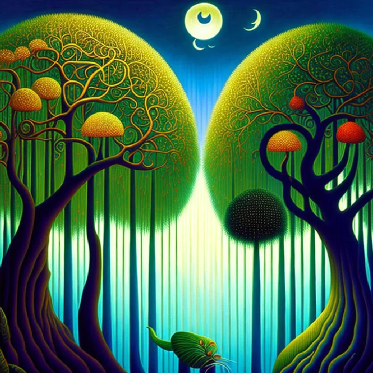 Symbolic trees with spiral branches under celestial moons representing Gate 35 – The Gate of Change in Human Design