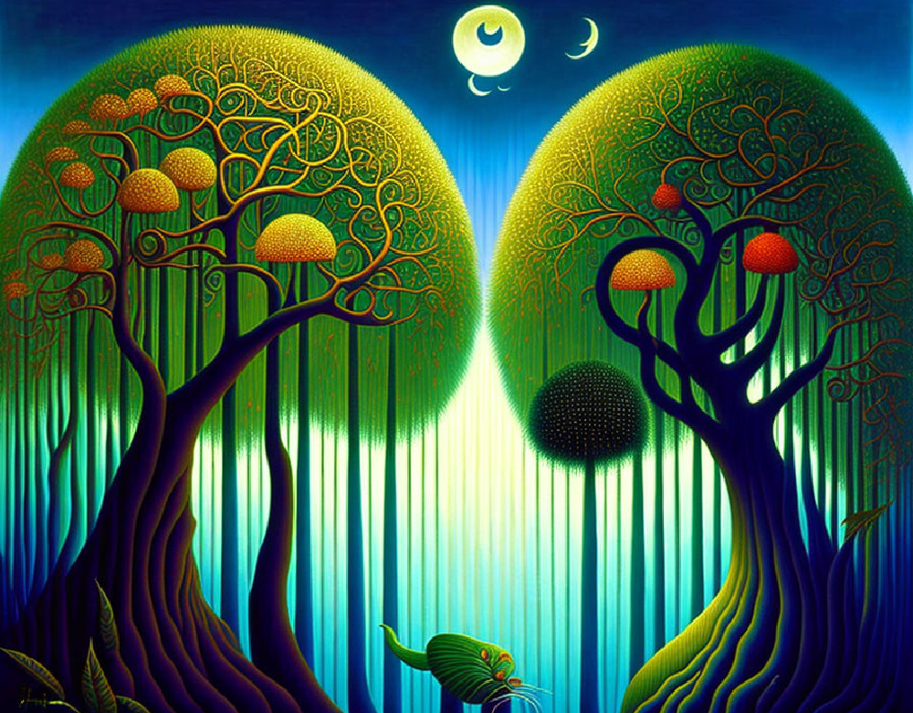 Symbolic trees with spiral branches under celestial moons representing Gate 35 – The Gate of Change in Human Design