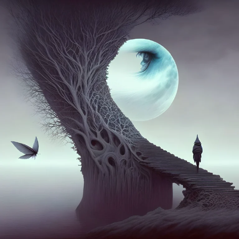 Surreal staircase leading to twisted tree with eye-shaped moon, representing Gate 36 – The Gate of Crisis in Human Design