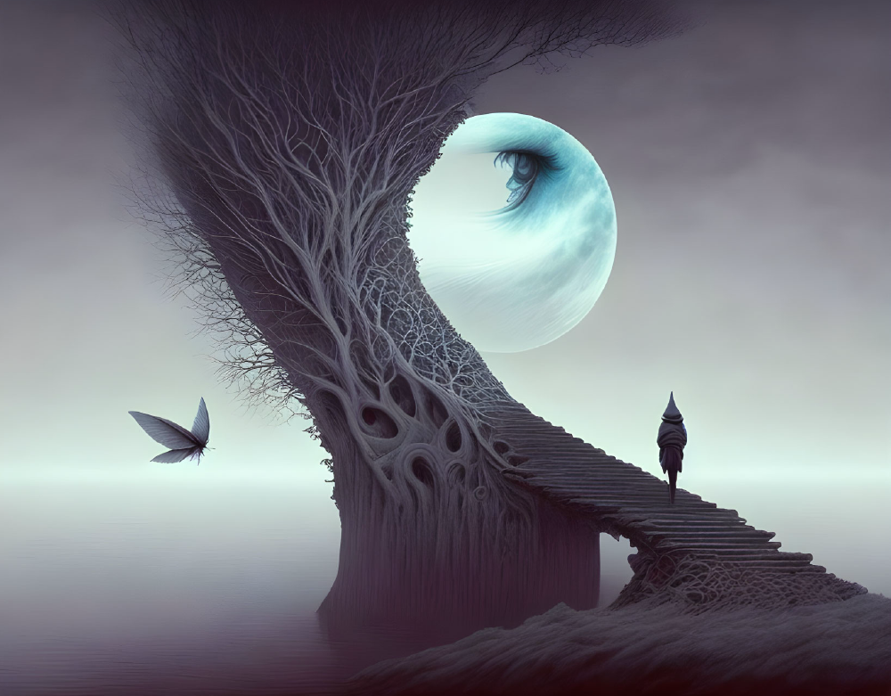 Surreal staircase leading to twisted tree with eye-shaped moon, representing Gate 36 – The Gate of Crisis in Human Design