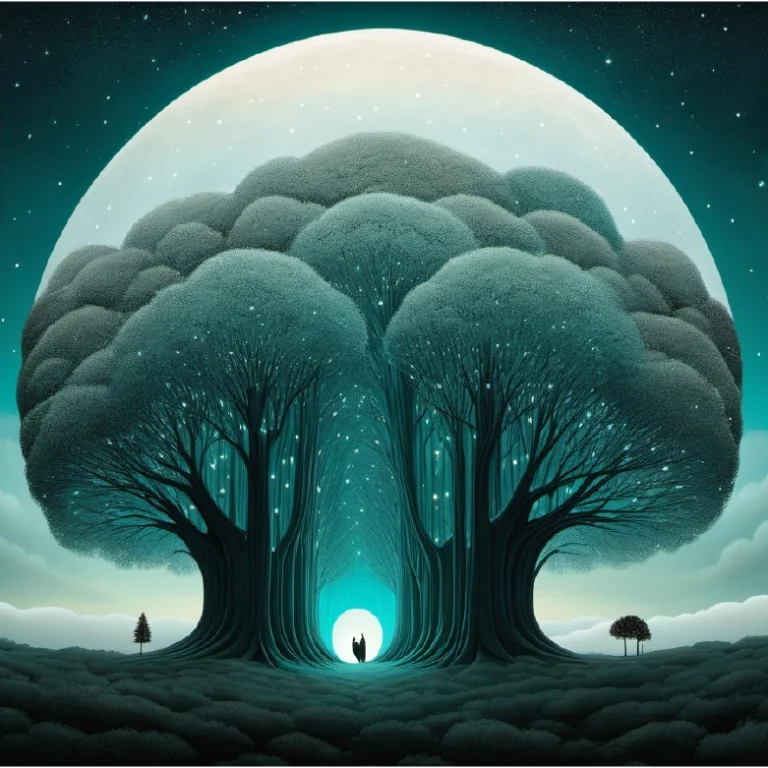 Two figures stand under arching starlit trees with glowing moon, symbolizing Gate 37 – The Gate of Friendship in Human Design