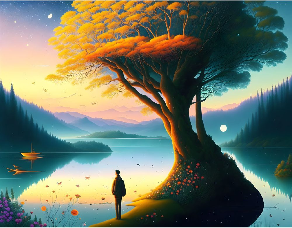 Man standing beside radiant tree by calm lake, facing distant mountains and sky—symbolizing Human Design Gate 38, The Gate of the Fighter