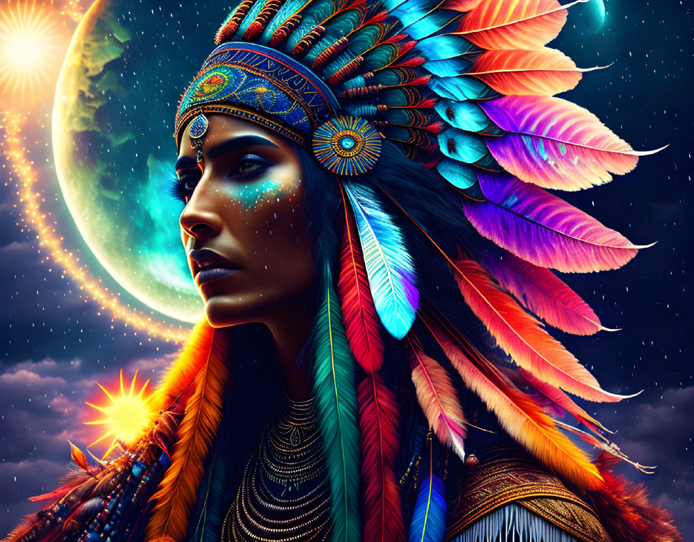 Portrait of a fierce woman in a radiant feathered headdress under cosmic skies – symbolizing Human Design Gate 39, The Gate of Provocation