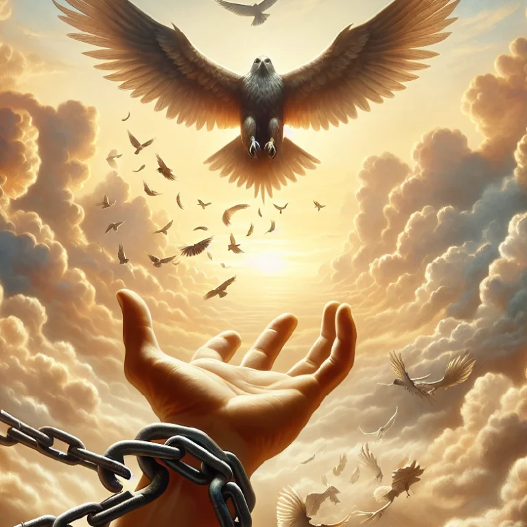 Hand breaking free from chains as eagles soar into golden sky – symbolizing Human Design Gate 40, The Gate of Aloneness