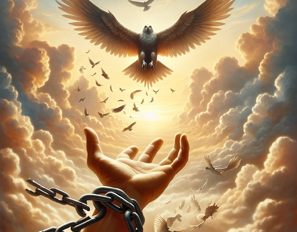 Hand breaking free from chains as eagles soar into golden sky – symbolizing Human Design Gate 40, The Gate of Aloneness