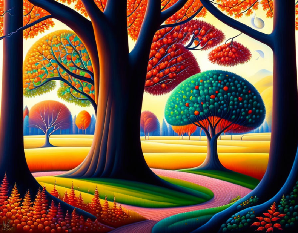 Vibrant orchard with surreal trees and winding path symbolizing Human Design Gate 42, The Gate of Growth