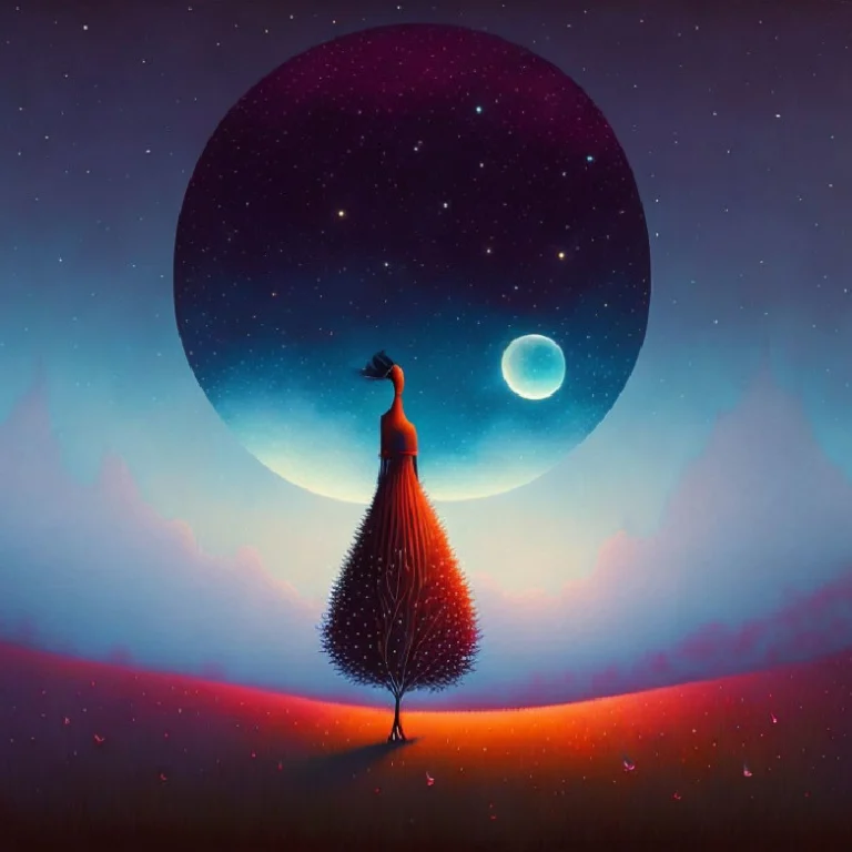 Surreal peacock-shaped tree beneath twin moons, symbolizing Human Design Gate 44 – The Gate of Alertness