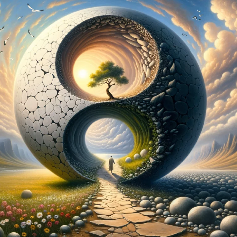 Surreal yin-yang stone structure with inner landscapes, representing Human Design Gate 46 – The Gate of Determination