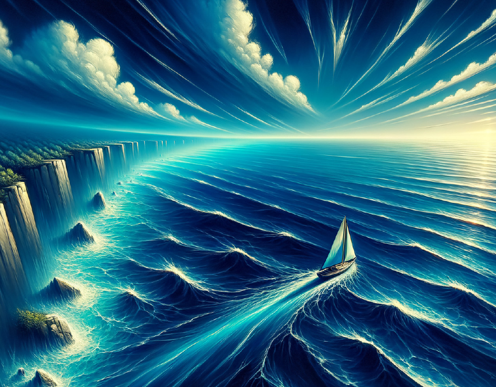 Lone sailboat navigating vast surreal ocean under radiant sky, symbolizing Human Design Gate 47 – The Gate of Realization