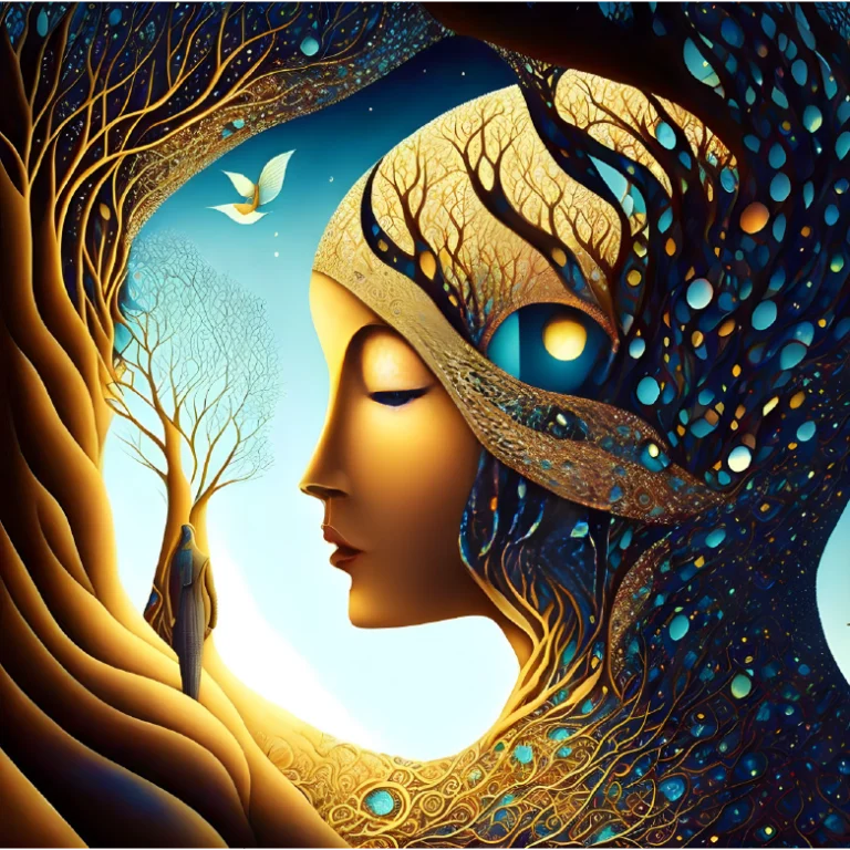 Surreal face merged with intricate tree patterns and cosmic textures, symbolizing Human Design Gate 48 – The Gate of Depth