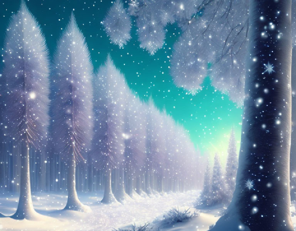 Snow-covered forest with softly falling snowflakes, symbolizing Gate 5 – Waiting in Human Design