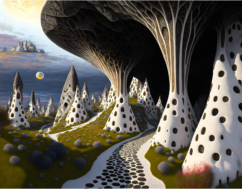 Surreal alien forest of dotted white cone structures and vast mushroom pillars under moody skies, symbolizing Human Design Gate 51 – The Gate of Shock
