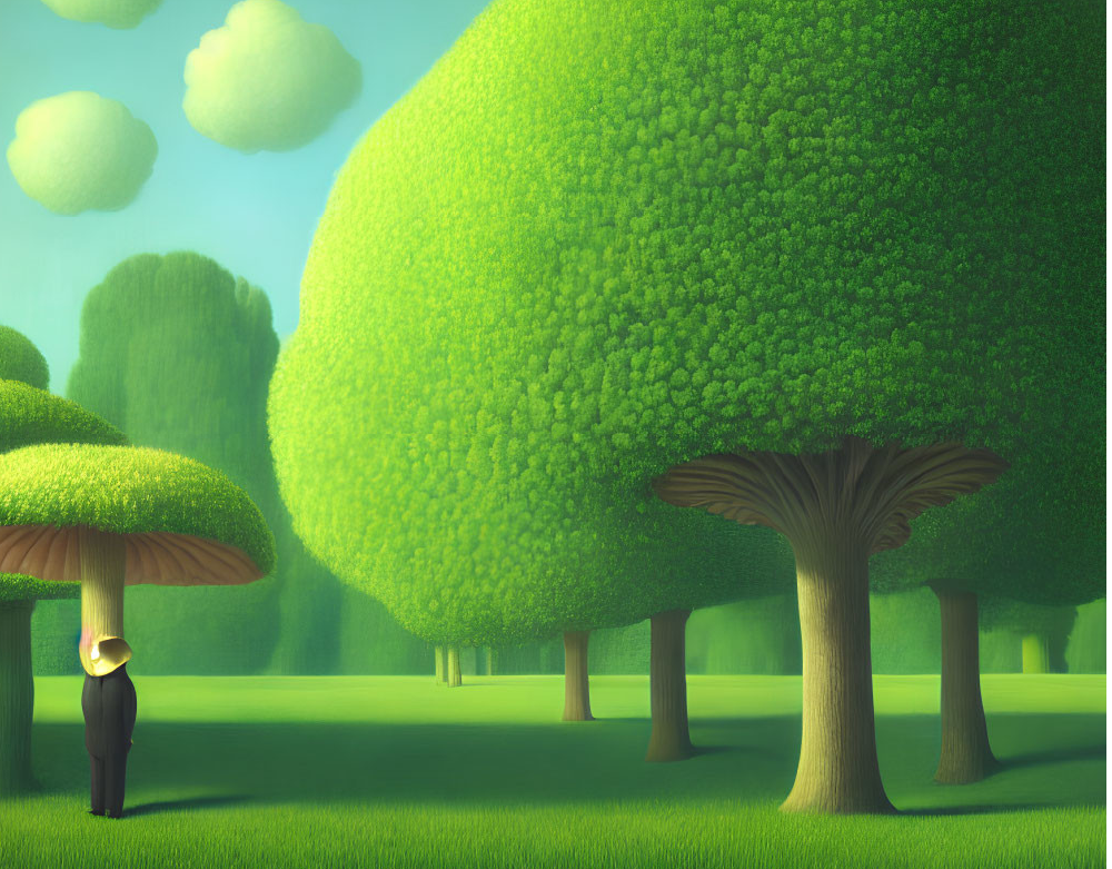 A surreal park of mushroom-shaped trees with a lone figure standing still beneath one, symbolizing Human Design Gate 52 – The Gate of Stillness