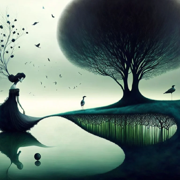 A surreal woman merges with nature at the edge of a dreamlike lake, symbolizing Human Design Gate 53 – The Gate of Beginnings.
