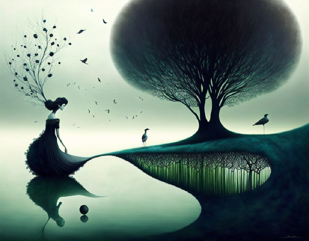 A surreal woman merges with nature at the edge of a dreamlike lake, symbolizing Human Design Gate 53 – The Gate of Beginnings.