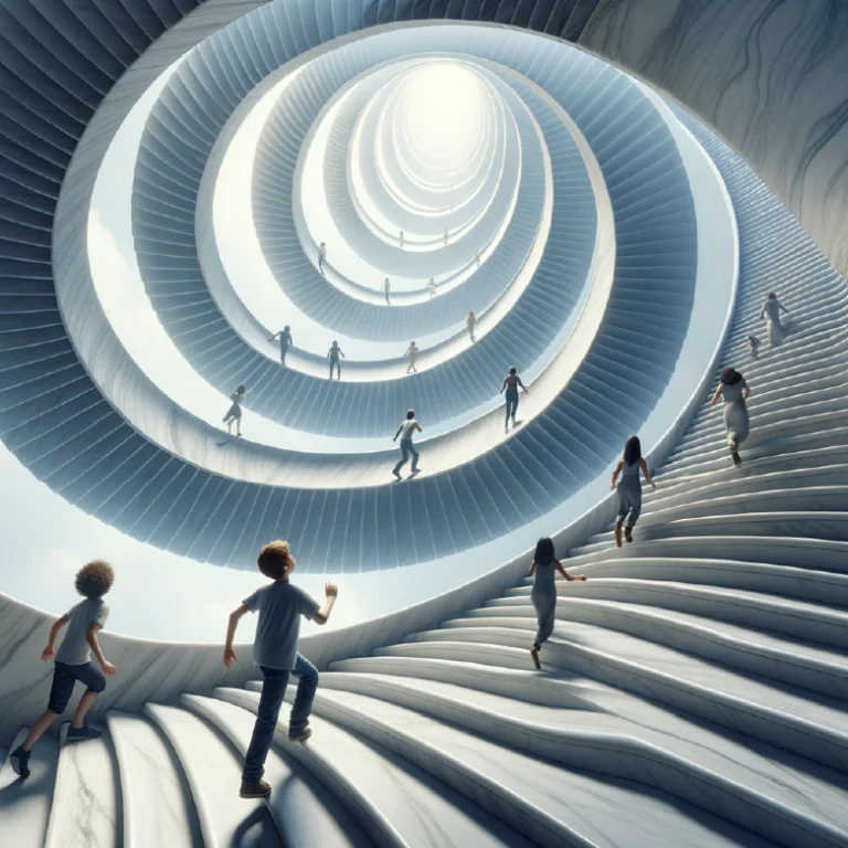Spiraling marble staircases with people climbing toward a glowing light, symbolizing Gate 54 – The Gate of Drive in Human Design.