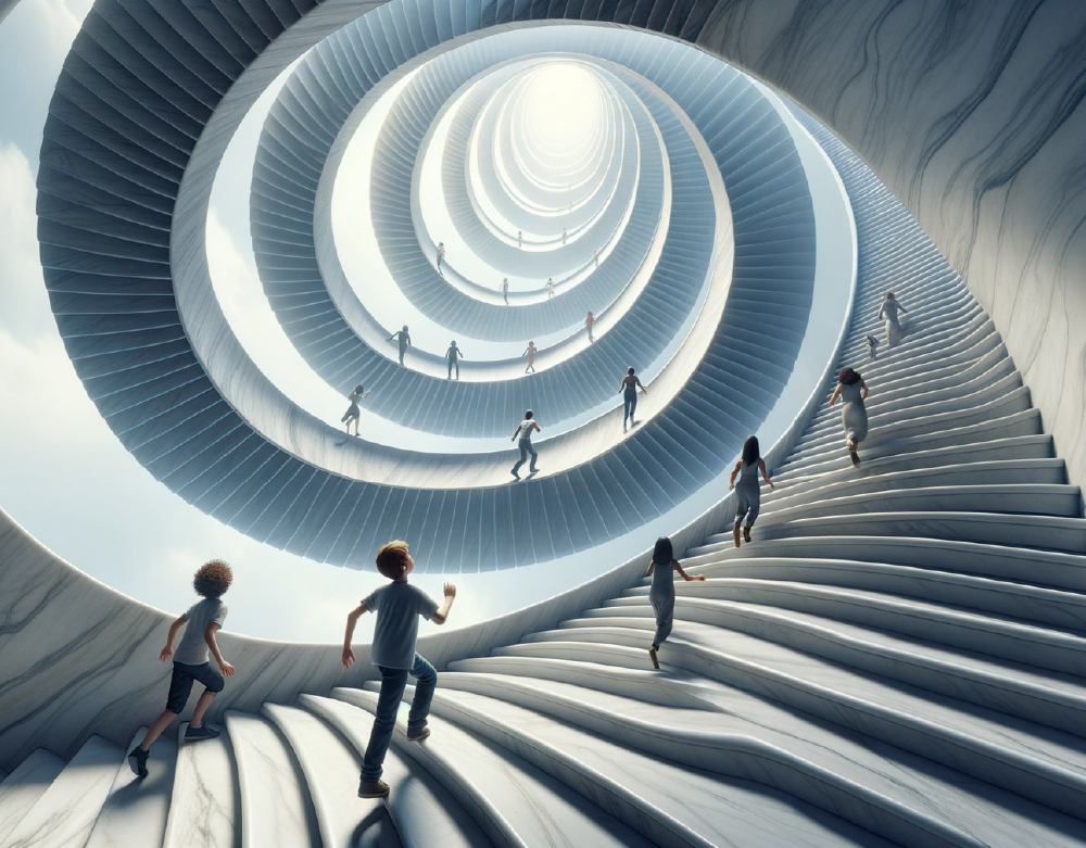 Spiraling marble staircases with people climbing toward a glowing light, symbolizing Gate 54 – The Gate of Drive in Human Design.