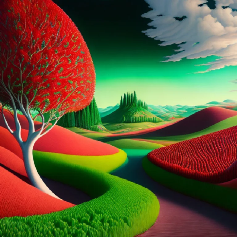 Vibrant surreal landscape with red and green hills, a glowing red tree, and emerald skies—representing Gate 55, The Gate of Spirit in Human Design.