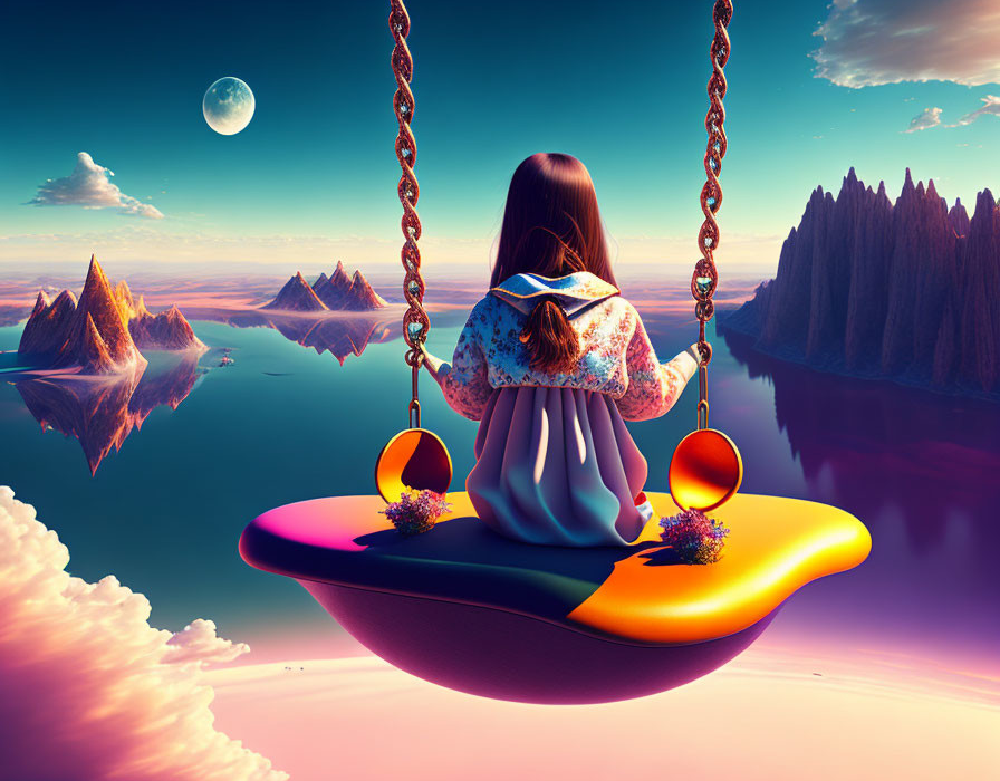 Girl on a surreal swing floating over dreamy mountains and reflective water under the moon—representing Gate 56, The Gate of Stimulation in Human Design.