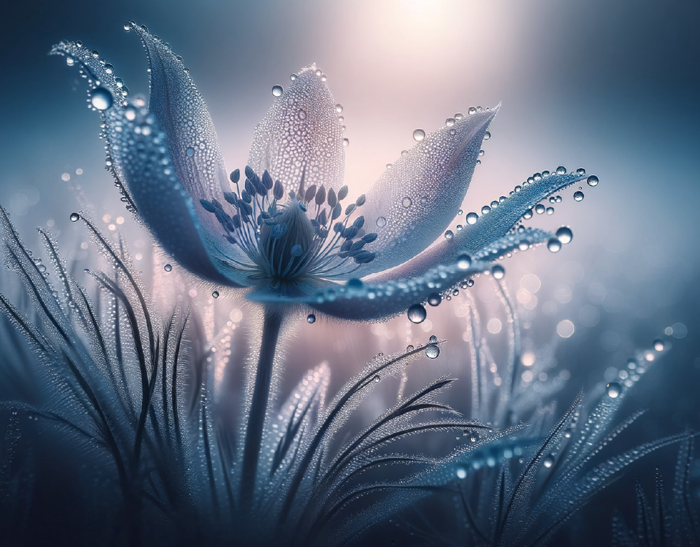 Delicate flower glistening with morning dew, softly lit in ethereal pastel light—symbolizing Gate 57, The Gate of Intuitive Clarity in Human Design.