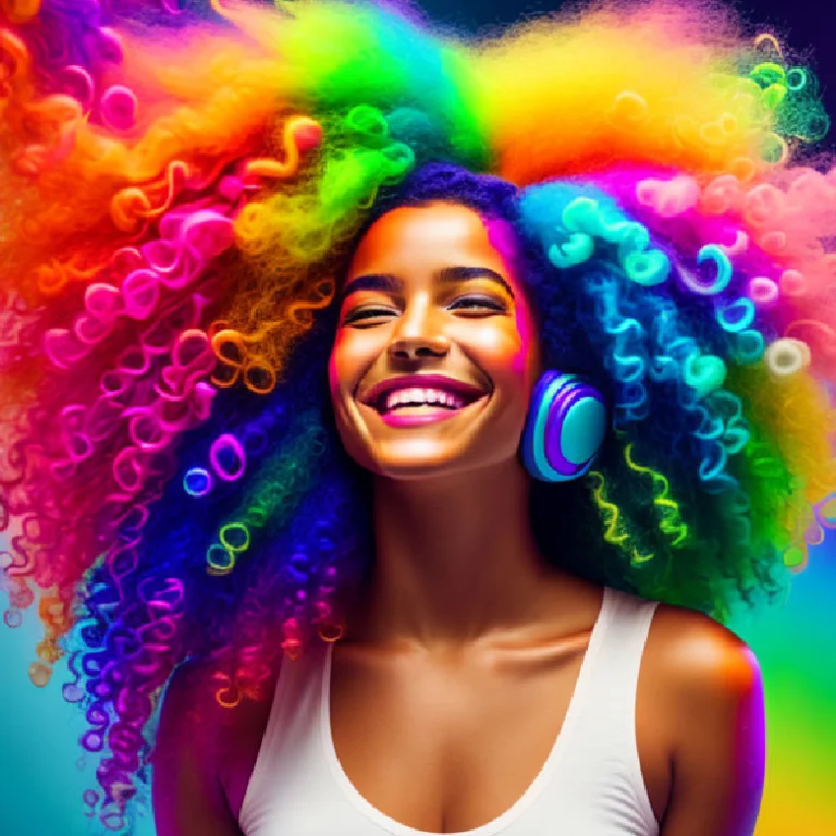 Radiant woman with vibrant rainbow afro and headphones, smiling with joy and vitality—symbolizing Gate 58, The Gate of Joyous Vitality in Human Design.