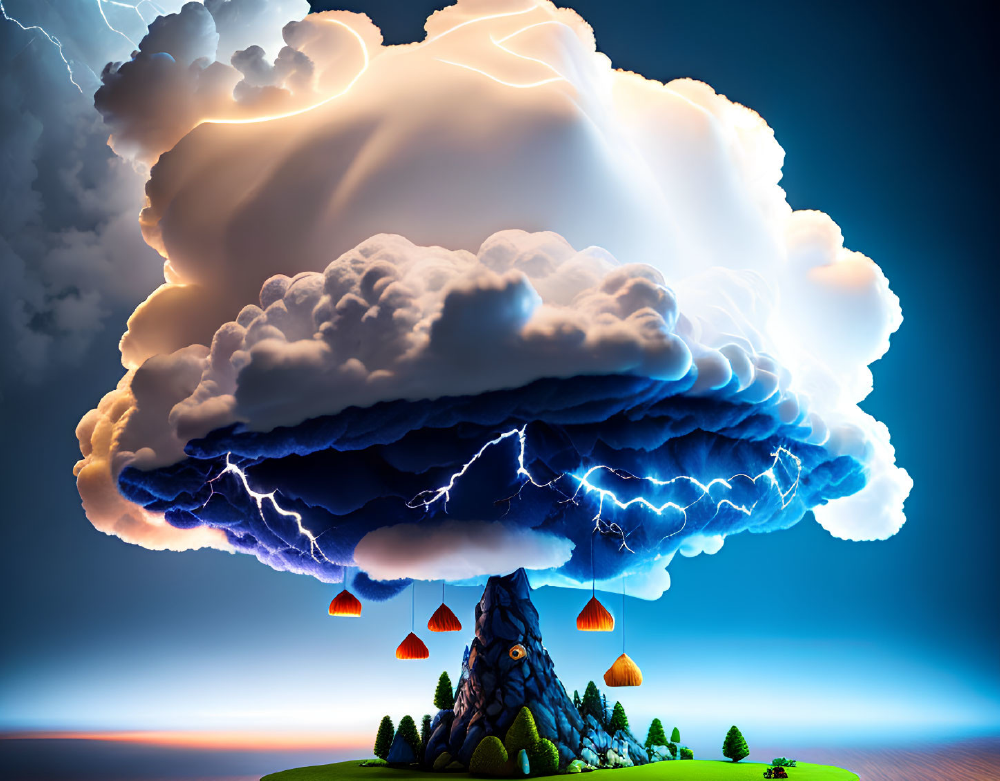 A towering storm cloud crackling with lightning above a mountain, symbolizing the raw, transformative energy of Gate 59 – The Gate of Sexuality in Human Design.