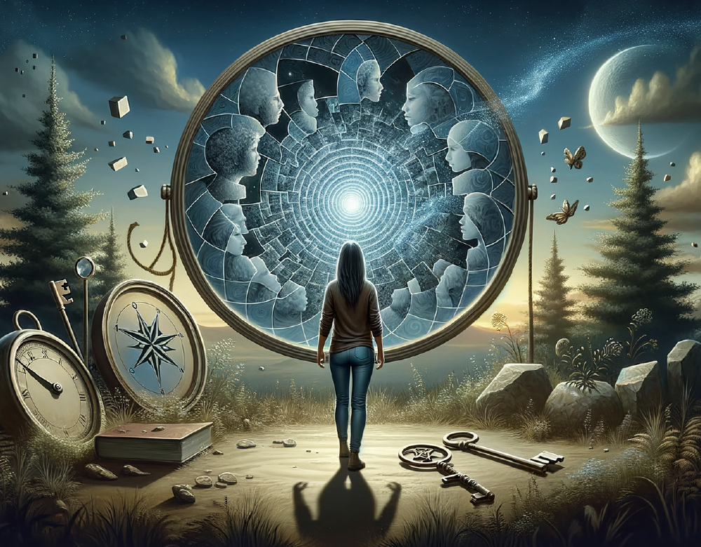 A woman stands before a cosmic portal filled with sculpted human faces spiraling inward, surrounded by keys, clocks, a compass, and stars—symbolizing Gate 61, the Gate of Mystery and the quest for inner truth.