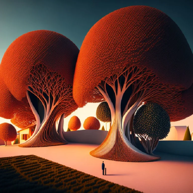 A surreal scene of towering, red-canopied trees with intricate root structures, a small human figure dwarfed beneath—symbolizing Gate 63, the Gate of Doubt and logical questioning.
