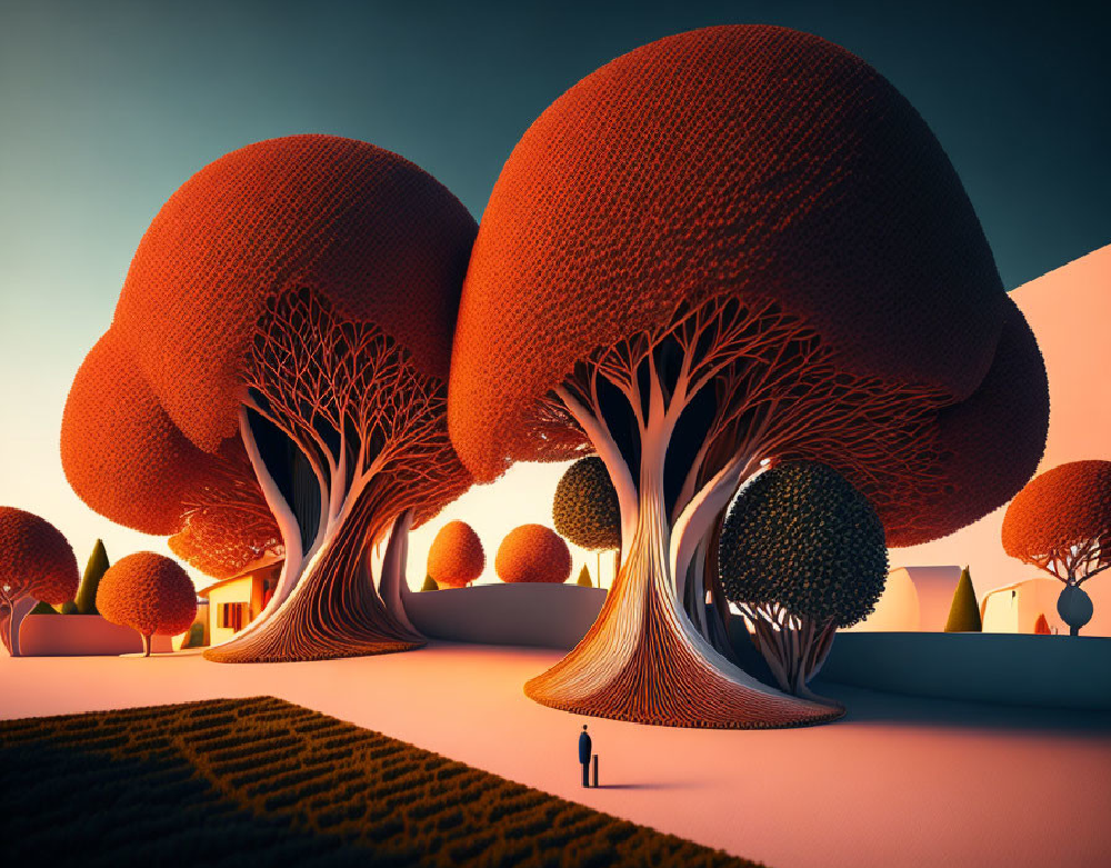 A surreal scene of towering, red-canopied trees with intricate root structures, a small human figure dwarfed beneath—symbolizing Gate 63, the Gate of Doubt and logical questioning.